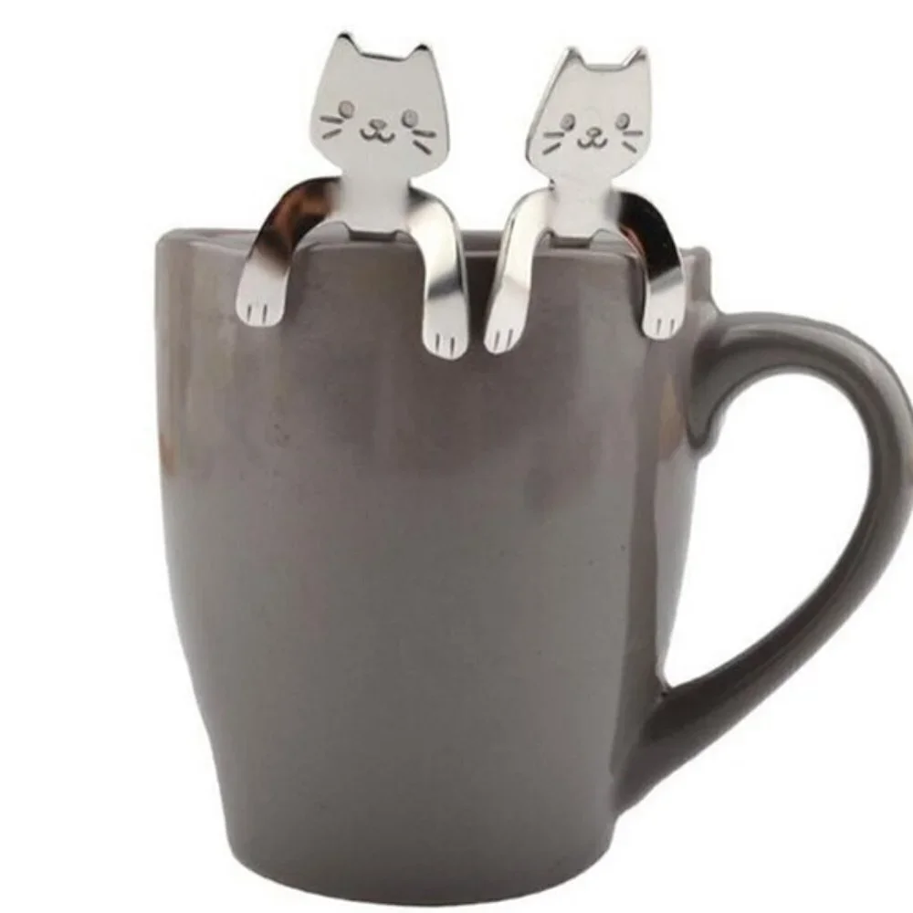 Cat Spoons Tea Spoons Stirrers Cup Hugging Kitty Cats Stainless Steel 2 PC Set